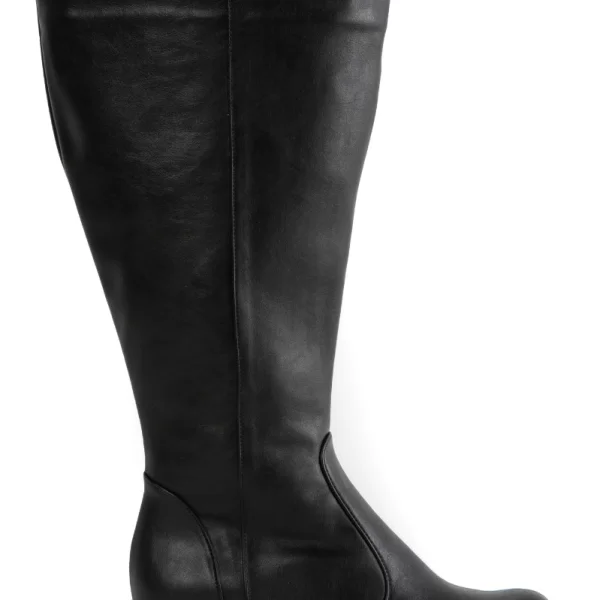 Eco leather μπότα με φαρδιά γάμπα και λάστιχο σε μαύρο χρώμα