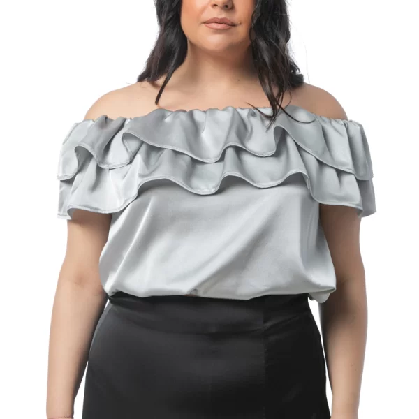 Σατέν crop-top με διπλό βολάν σε ασημί χρώμα