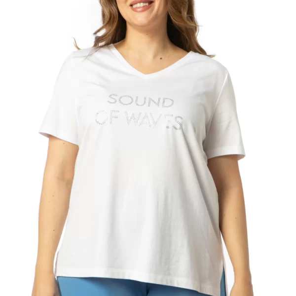 T-shirt με στρας τύπωμα 'Sound of waves' σε λευκό χρώμα | Premium Collection