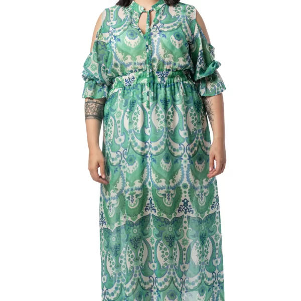 Εμπριμέ φόρεμα με έξω τους ώμους σε πράσινο χρώμα