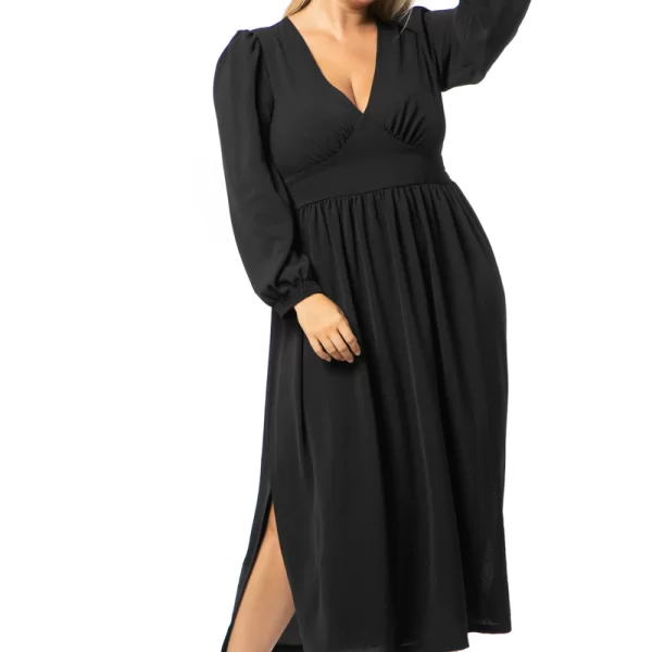 Midi φόρεμα με σφηκοφωλιά σε μαύρο χρώμα