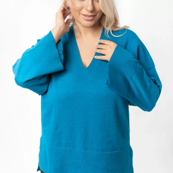 Πλεκτή extra soft μπλούζα με φαρδιά μανίκια σε πετρόλ χρώμα