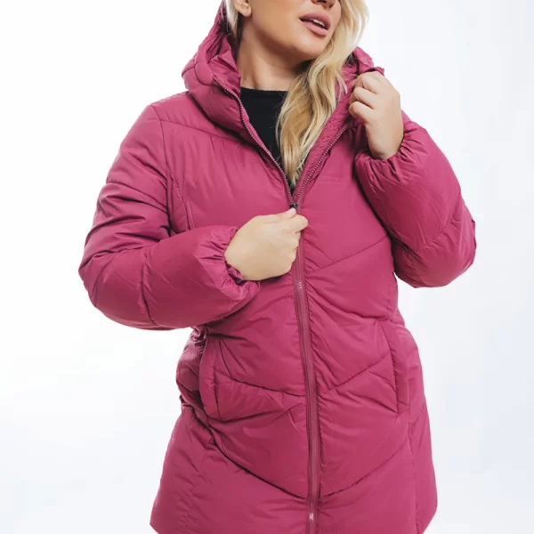 Puffer μακρύ μπουφάν με κουκούλα σε ροζ χρώμα