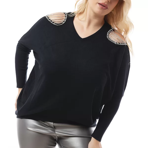 Πλεκτή μπλούζα με στρας στους ώμους σε μαύρο χρώμα