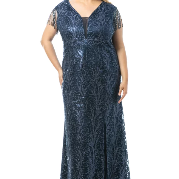 Maxi φόρεμα με κρόσια στα μανίκια σε μπλε σκούρο χρώμα