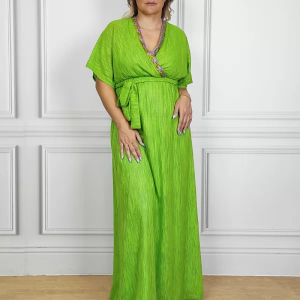 Maxi κρουαζέ φόρεμα με παγιέτα σε λαχανί χρώμα