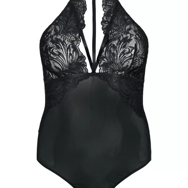 Δαντελένιο κορμάκι με δέσιμο στο λαιμό σε μαύρο χρώμα