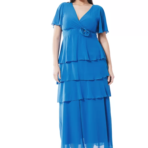 Φόρεμα με βολάν και άνοιγμα σε τυρκουάζ χρώμα