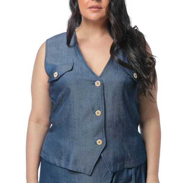 Γιλέκο με ξύλινα κουμπιά σε denim blue χρώμα