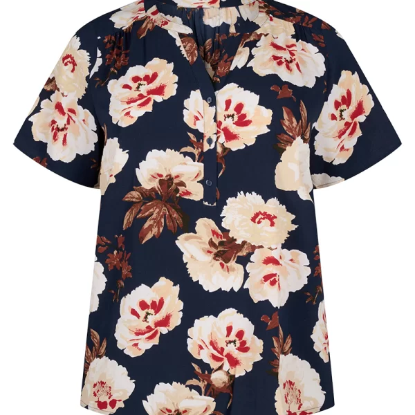 Floral μπλούζα με κουμπιά στο V σε μπλε σκούρο χρώμα