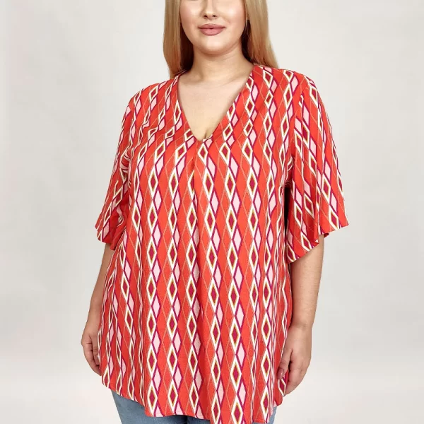 Τουνίκ με print και πιέτα στο V σε κόκκινο χρώμα