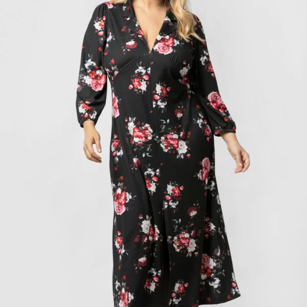 Midi floral φόρεμα με άνοιγμα μπροστά σε μαύρο/κόκκινο χρώμα