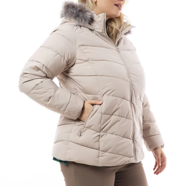Μπουφάν puffer με γούνα στην κουκούλα σε μπεζ χρώμα