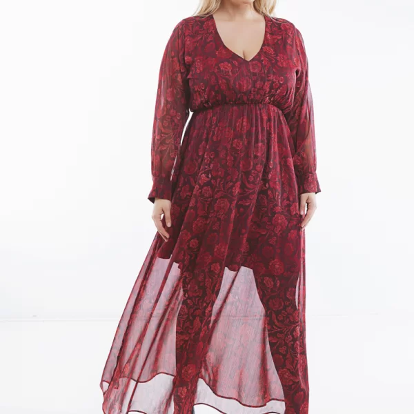 Maxi εμπριμέ φόρεμα με lurex σε κόκκινο χρώμα