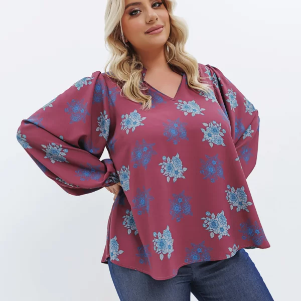 Εμπριμέ μπλούζα με balloon μανίκια σε μπορντώ χρώμα