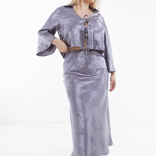 Σατέν ζακάρ ζακέτα με δέσιμο σε γκρι χρώμα