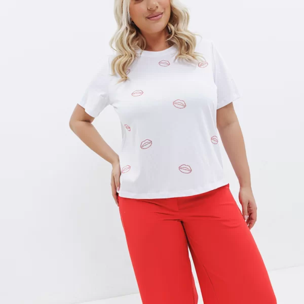 T-shirt με τύπωμα στρας χείλη σε λευκό χρώμα