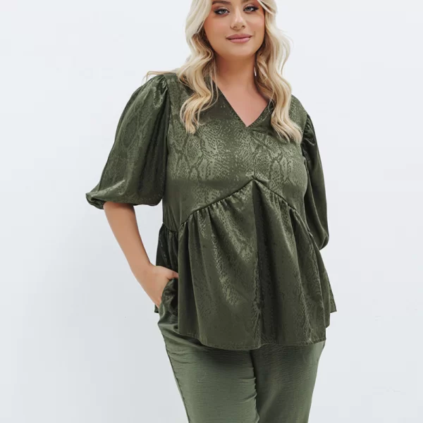 Μπλούζα snake print με V σε χακί χρώμα