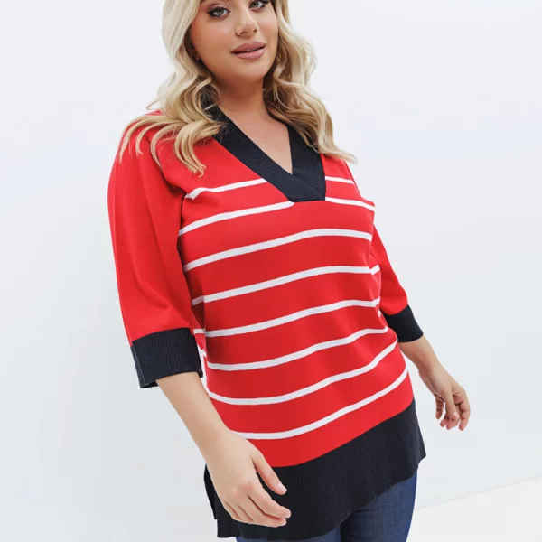 Πλεκτή ριγέ μπλούζα με 3/4 μανίκια σε τύπος χρώμα