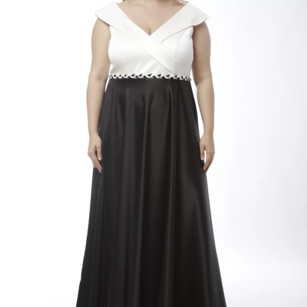 Maxi σατέν φόρεμα με πλεξούδα ζώνη σε λευκό/μαύρο χρώμα