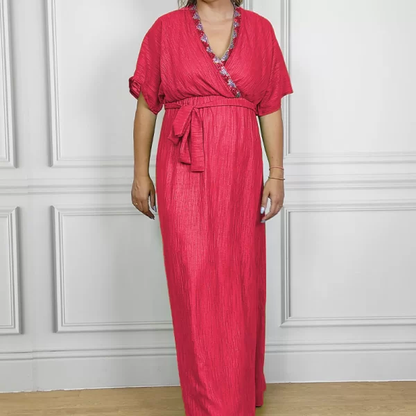 Maxi κρουαζέ φόρεμα με παγιέτα σε φουξ χρώμα