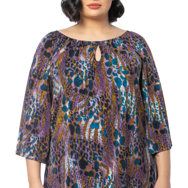 Εμπριμέ μπλούζα με keyhole και καμπάνα μανίκι σε μωβ χρώμα