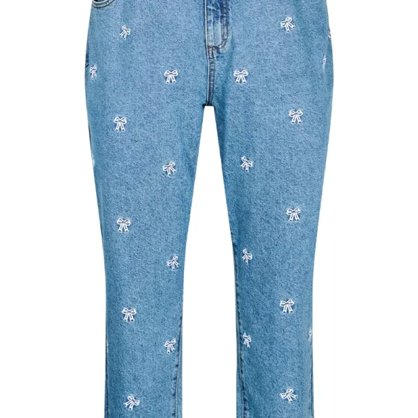 Mom fit jean με κέντημα φιογκάκια σε denim light blue χρώμα