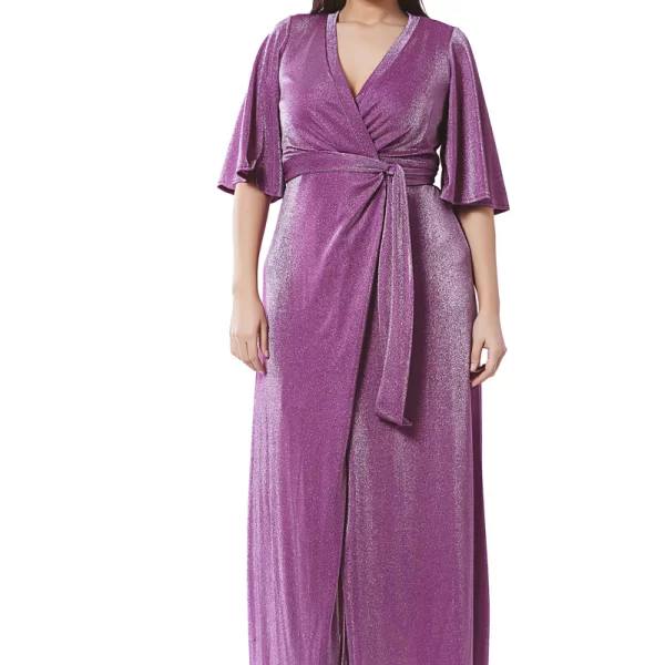 Maxi κρουαζέ φόρεμα με glitter σε magenta χρώμα