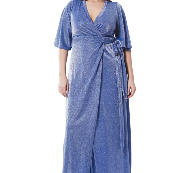 Maxi κρουαζέ φόρεμα με glitter σε ίντιγκο χρώμα