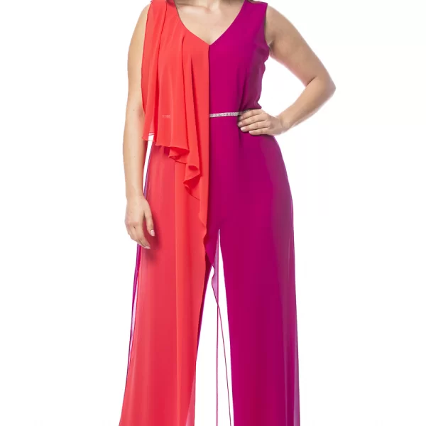 Δίχρωμη ολόσωμη φόρμα με στρας στη μέση σε φούξια χρώμα