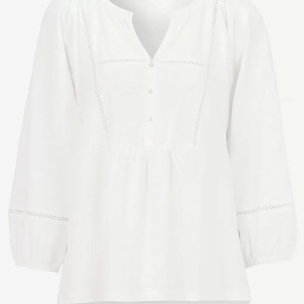 Βαμβακερή μπλούζα με κουμπιά στο V σε λευκό χρώμα