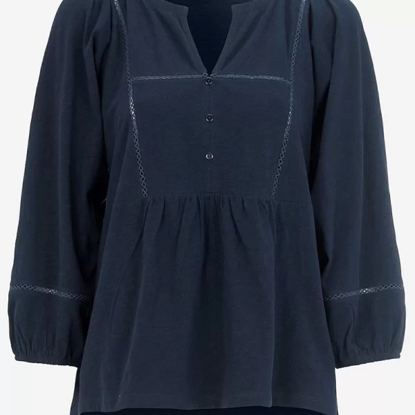 Βαμβακερή μπλούζα με κουμπιά στο V σε μπλε σκούρο χρώμα