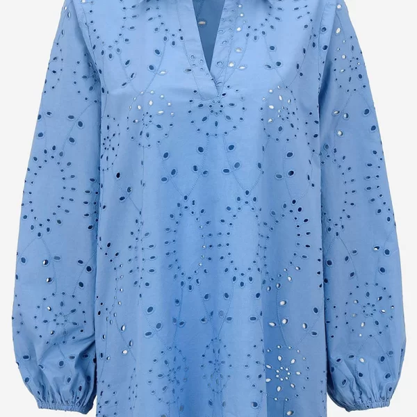 Διάτρητη βαμβακερή τουνίκ με γιακά σε γαλάζιο χρώμα