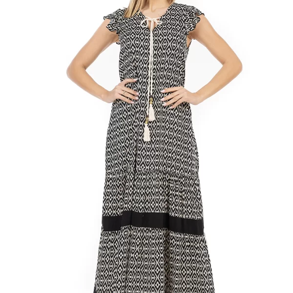 Εμπριμέ φόρεμα με κορδόνι και φούντα σε μπεζ/μαύρο χρώμα