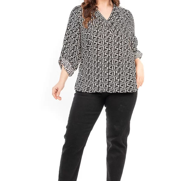 Εμπριμέ τουνίκ με V λαιμόκοψη σε εκρού/μαύρο χρώμα