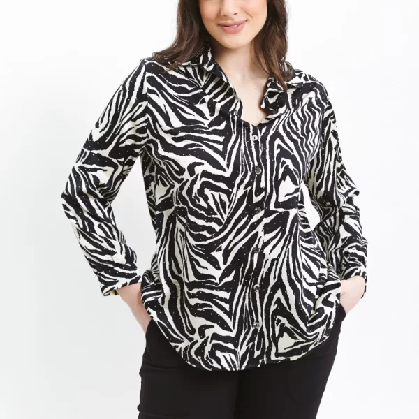 Πουκάμισο animal print με στρας σε μαύρο/εκρού χρώμα