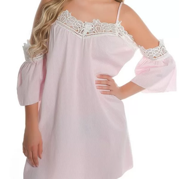 Ριγέ φόρεμα με δαντέλα και έξω τους ώμους - Ρόζ 41706-Ροζ