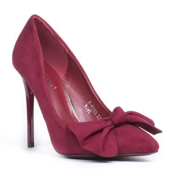 Γυναικείες σουέτ γόβες με φιόγκο - Μπορντώ 0628-Κοκκινο