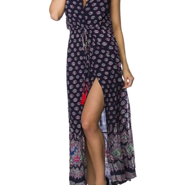 8577 AX Εμπριμέ μακρύ φόρεμα - Μπλε σκούρο-Μπλε