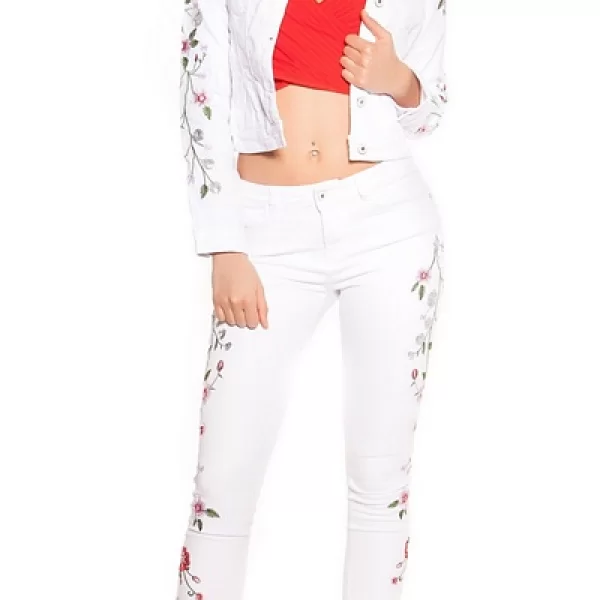 41809 FS Κοντό τζήν σακάκι με κέντημα και πούλιες - Άσπρο-Ασπρο