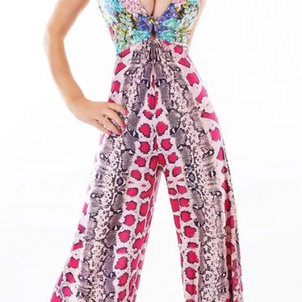 Ολόσωμη εμπριμέ φόρμα με βαθύ ντεκολτέ - Ροζ 31039-Ροζ