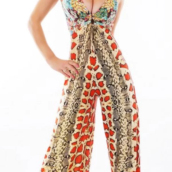 Ολόσωμη εμπριμέ φόρμα με βαθύ ντεκολτέ - Κίτρινο/Κόκκινο 31040-Κίτρινο