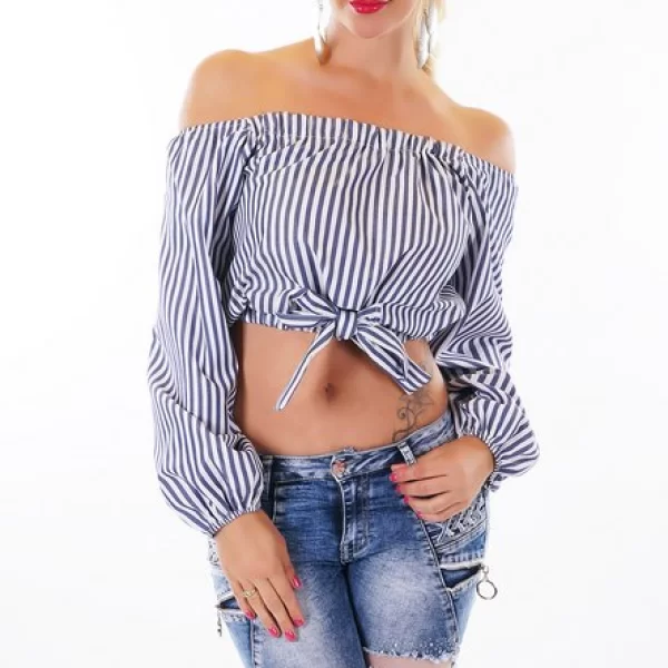 31042 SD Κοντό ριγέ μακρυμάνικο τοπ - Μπλε-Μπλε