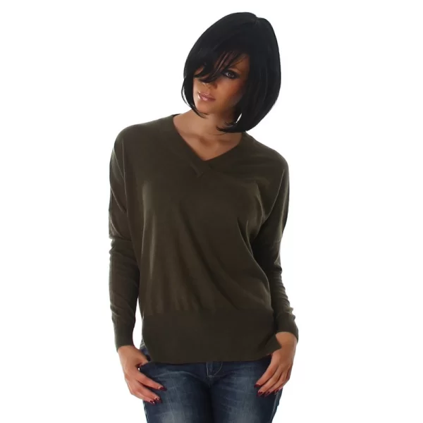 61189 LX Λεπτό πουλόβερ με V - Χακί-Χακί