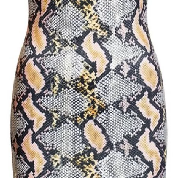 Μίντι φόρεμα print φίδι με V - Κίτρινο/Φίδι 52598-Κίτρινο