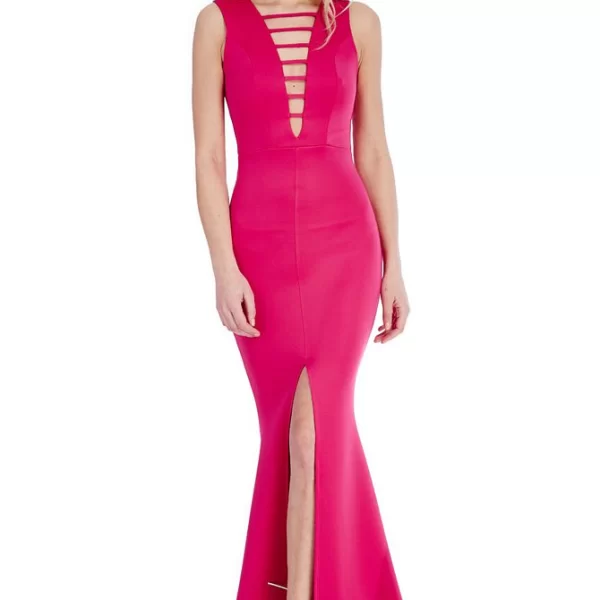9180 GB Μάξι φόρεμα με σκίσιμο και βαθύ ντεκολτέ - φούξια-Φούξια