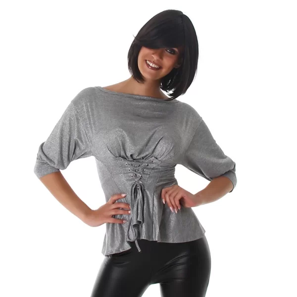 61097 LX Μακρυμάνικο τόπ corsage look με glitter - ασημί-Ασημί