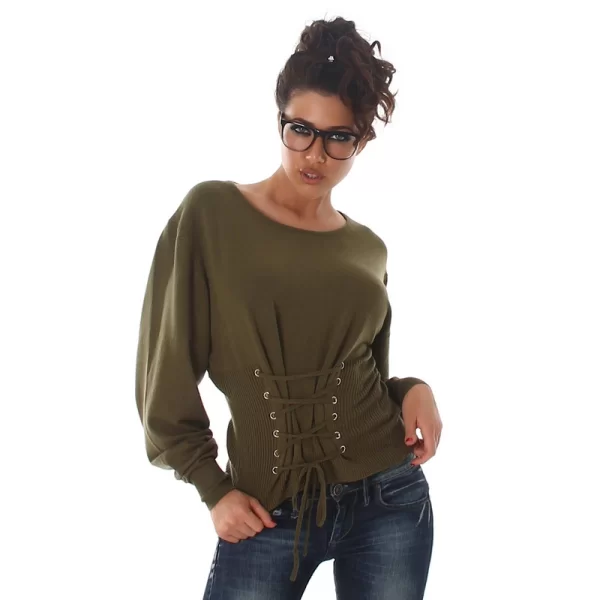 61102 LX Πουλόβερ με κορδόνια - λαδί-Χακί