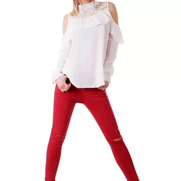 30996 SD Σιφόν μπλούζα με δαντέλα - άσπρη-Ασπρο