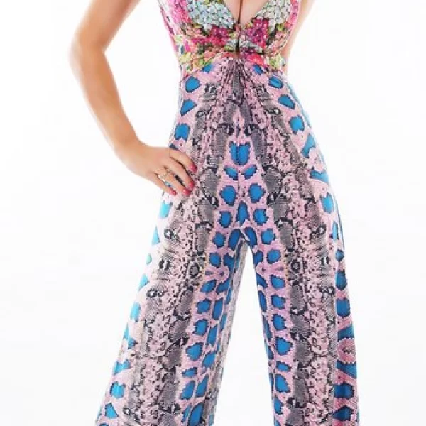 Ολόσωμη εμπριμέ φόρμα με βαθύ ντεκολτέ - Ροζ/Μπλε 31041-Μπλε